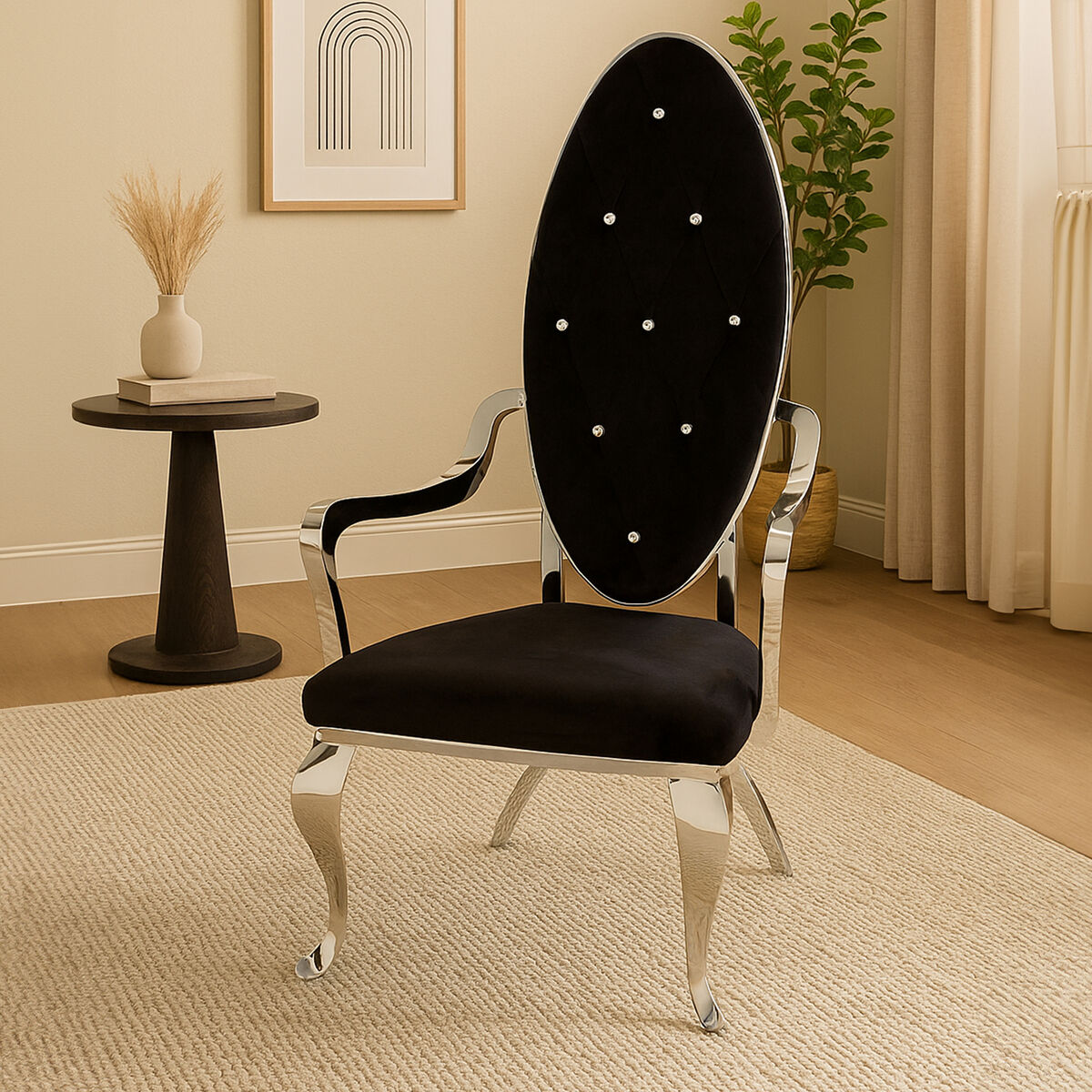Orsina Novara Silver Baroque Chair | Black Velvet Tufted Accent