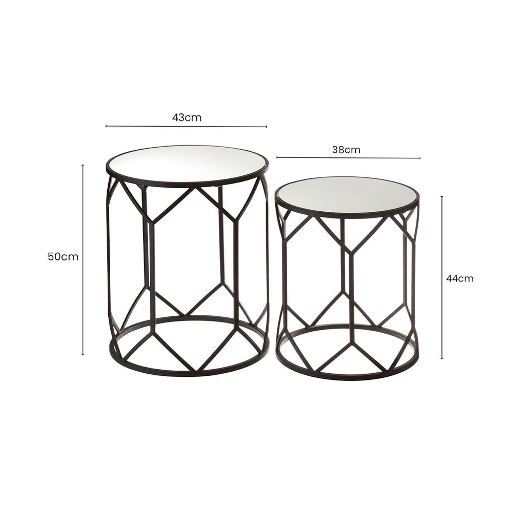 Orsina Avantis Geometric Side Tables - Set of 2 Black Metal & Mirror