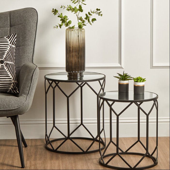 Orsina Avantis Geometric Side Tables - Set of 2 Black Metal & Mirror