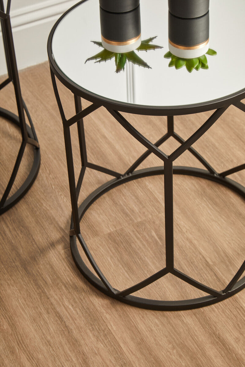 Orsina Avantis Geometric Side Tables - Set of 2 Black Metal & Mirror