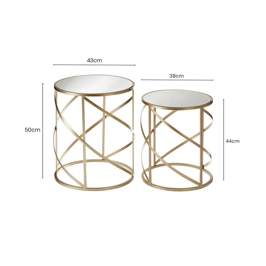 Orsina Avantis Gold Swirl Side Tables – Set of 2 Mirrored Glass Tops