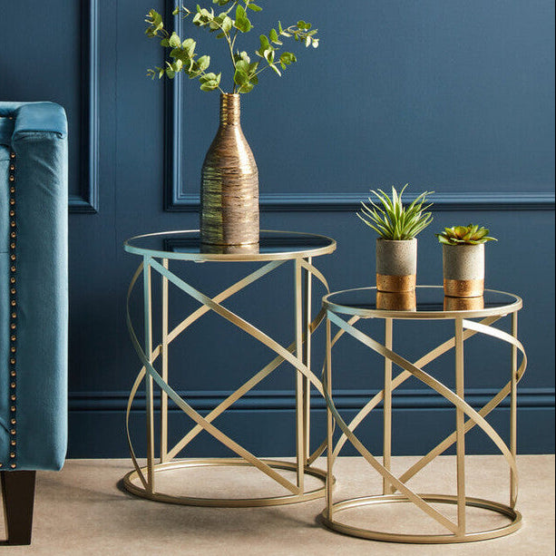 Orsina Avantis Gold Swirl Side Tables – Set of 2 Mirrored Glass Tops