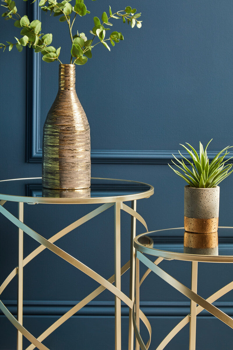 Orsina Avantis Gold Swirl Side Tables – Set of 2 Mirrored Glass Tops