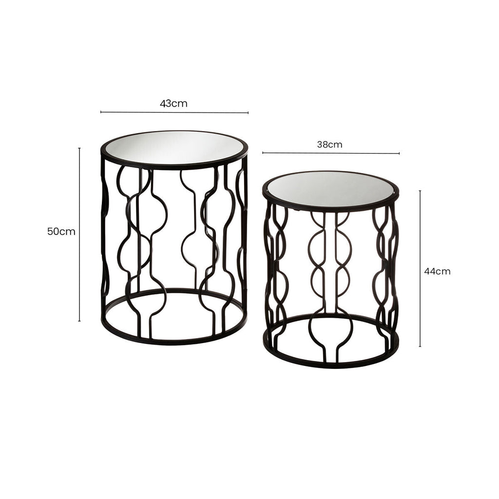 Orsina Avantis Black Metal Side Tables – Set of 2 Mirrored Glass Tops