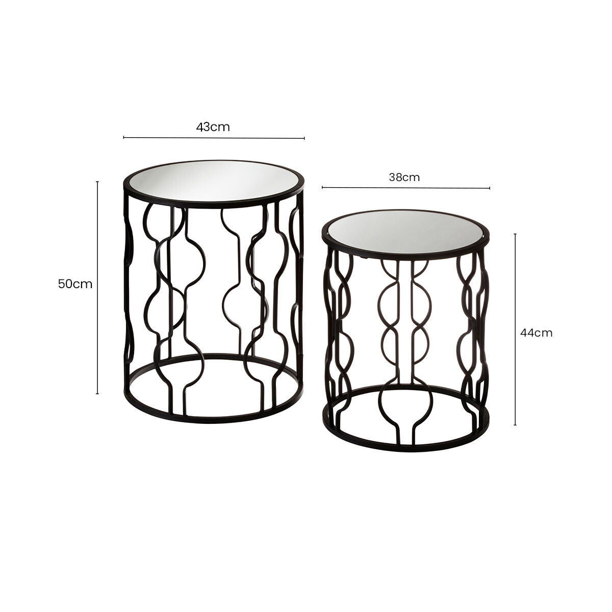 Orsina Avantis Black Metal Side Tables – Set of 2 Mirrored Glass Tops