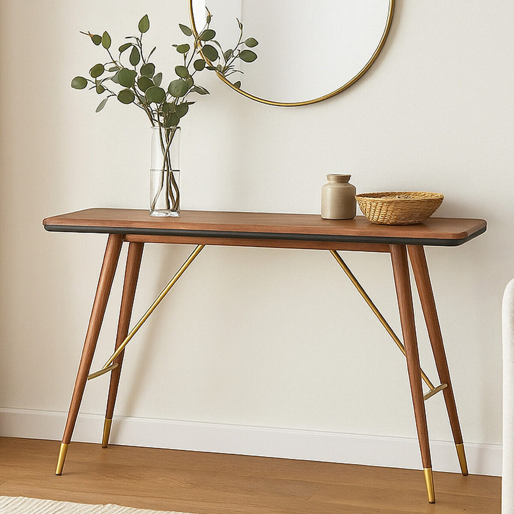 Orsina Kenso Console Table – Dark Walnut with Leather and Brass