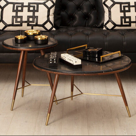 Orsina Kenso Round Coffee Table – Grey Marble Top & Walnut Wood