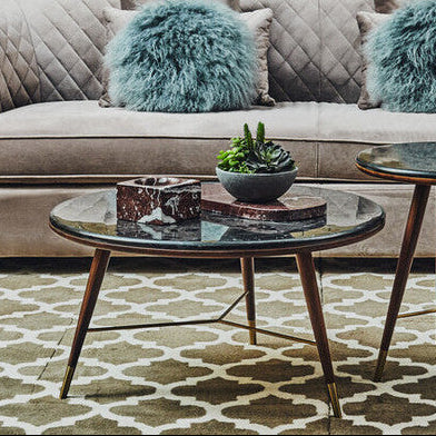 Orsina Kenso Round Coffee Table – Grey Marble Top & Walnut Wood