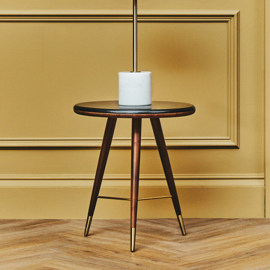 Orsina Kenso Round End Table – Grey Marble Top & Walnut Wood Frame