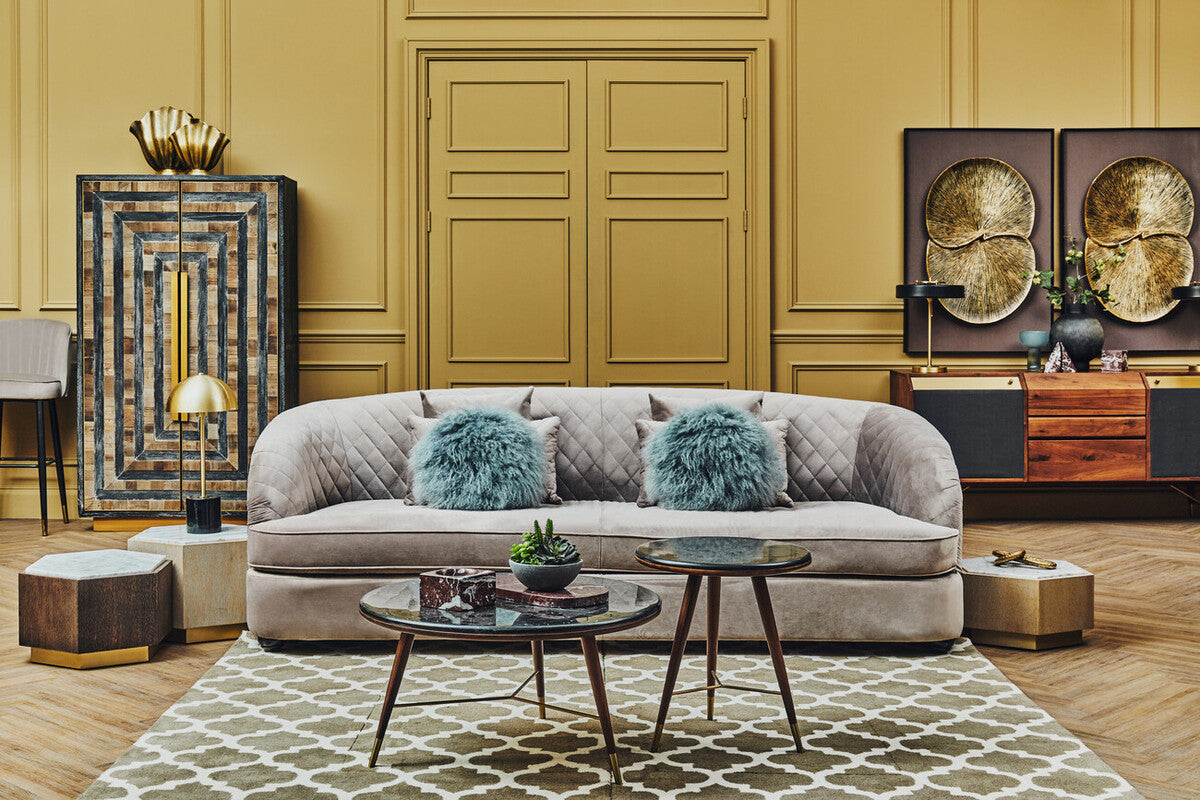 Orsina Kenso Round End Table – Grey Marble Top & Walnut Wood Frame