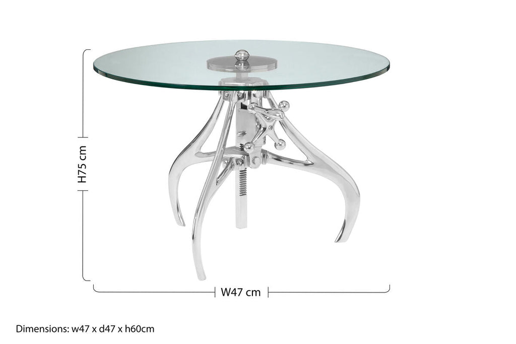 Orsina Maxi Height Adjustable Glass and Silver Metal Crank Table