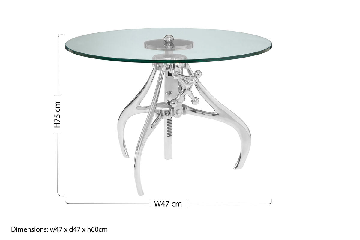 Orsina Maxi Height Adjustable Glass and Silver Metal Crank Table