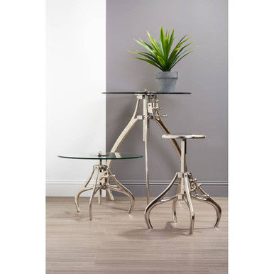 Orsina Maxi Height Adjustable Glass and Silver Metal Crank Table