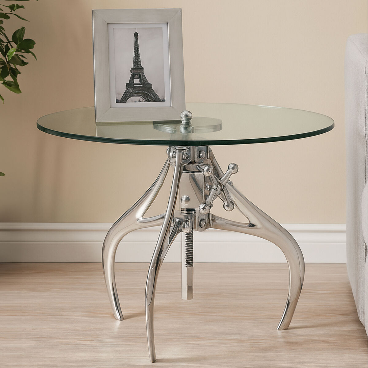 Orsina Maxi Height Adjustable Glass and Silver Metal Crank Table