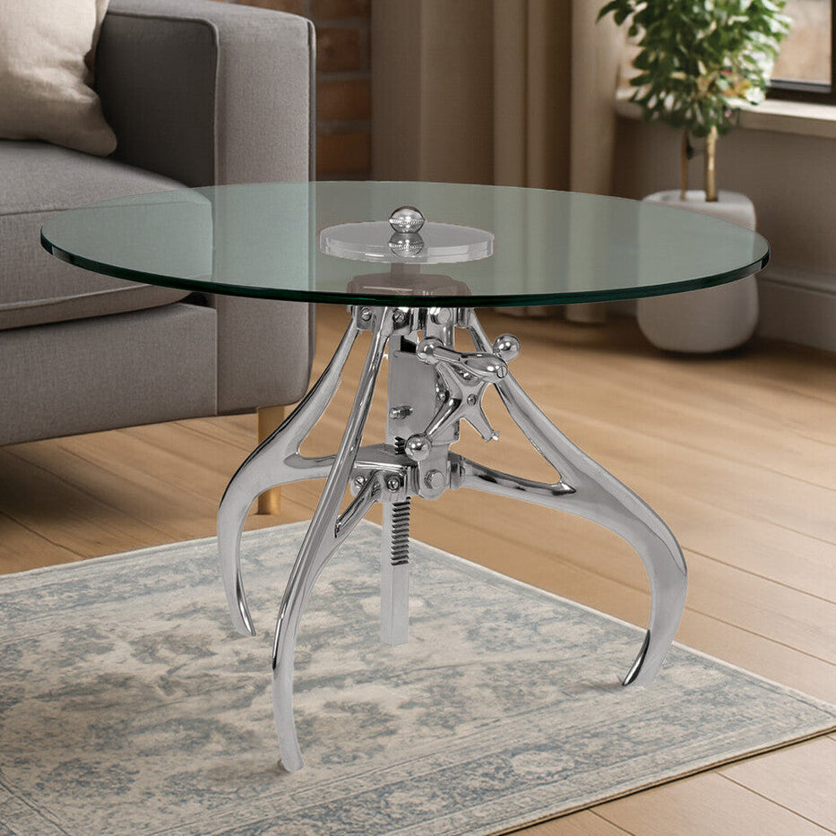 Orsina Maxi Height Adjustable Glass and Silver Metal Crank Table