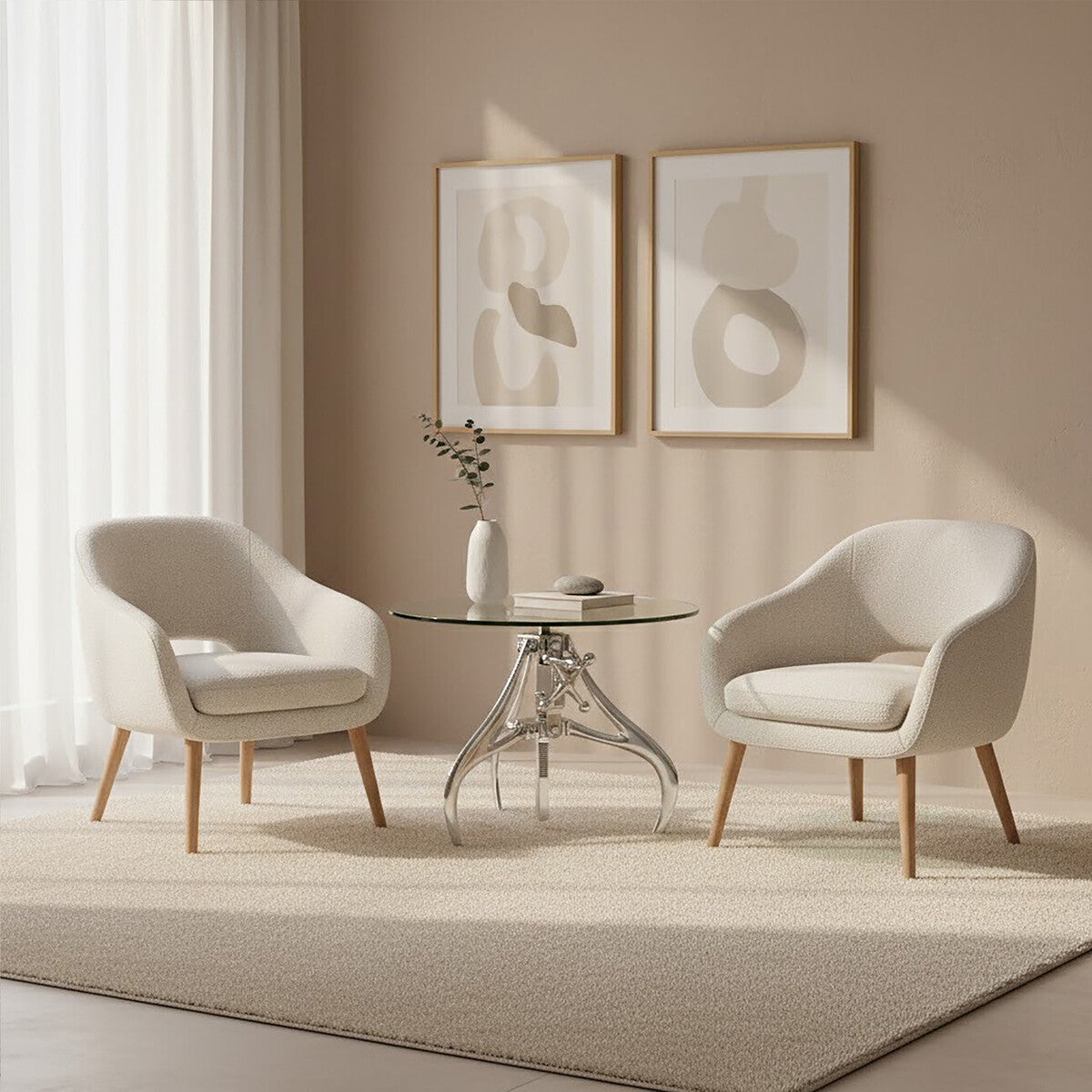 Orsina Maxi Height Adjustable Glass and Silver Metal Crank Table