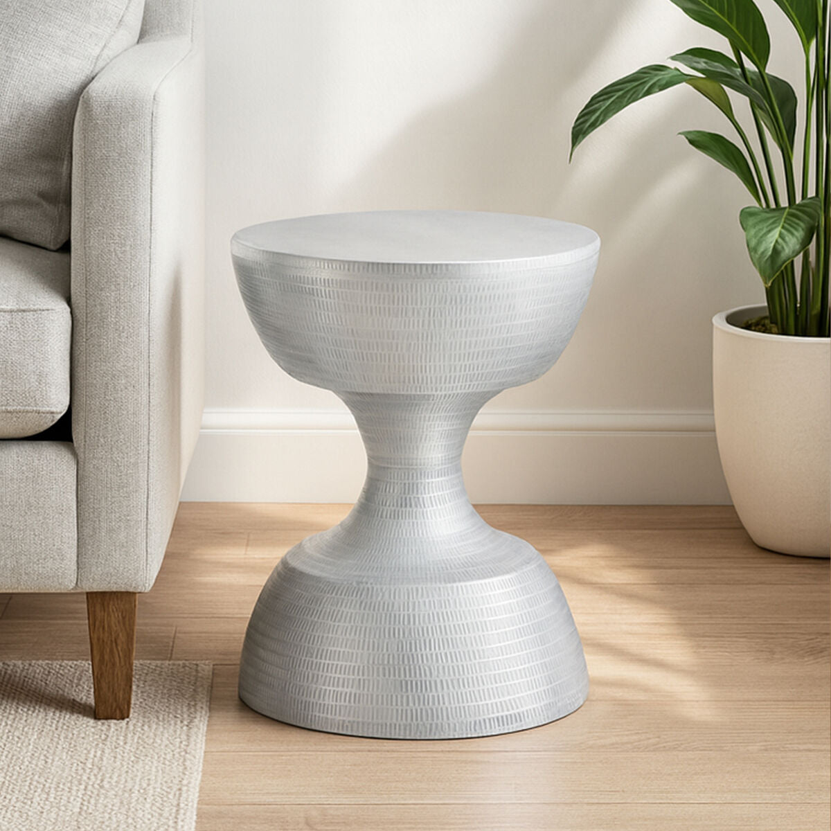 Orsina Matin Small Silver Aluminium Side Table – Hourglass Accent