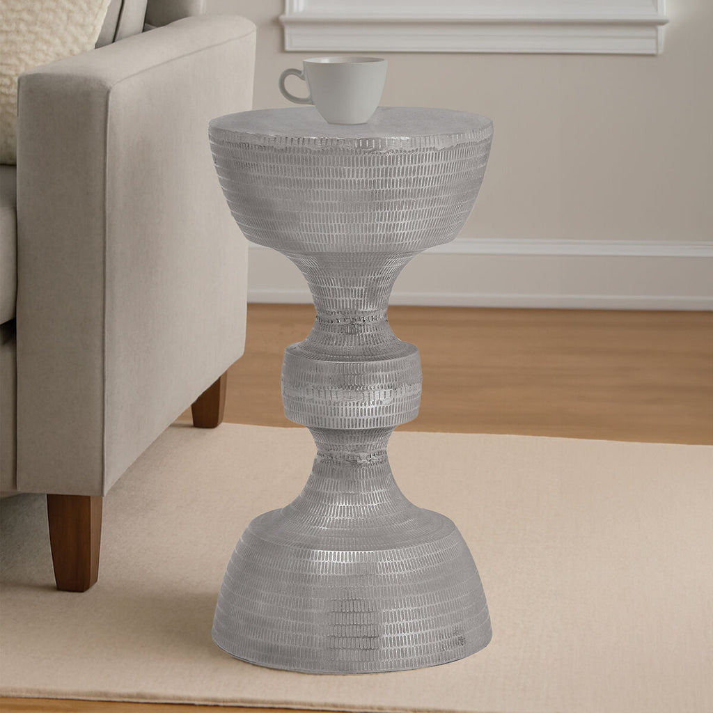 Orsina Matin Silver Hourglass Aluminium Side Table with Engraved Detail