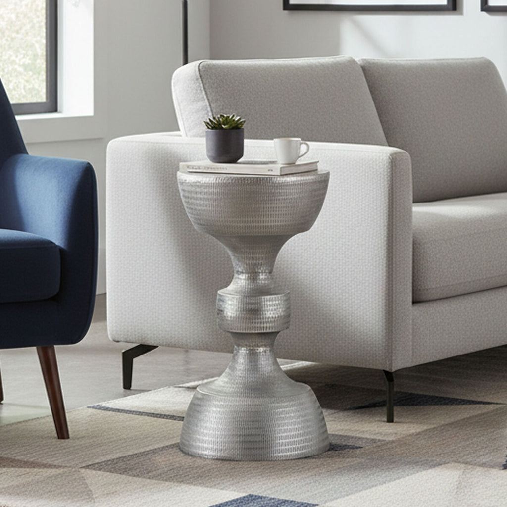Orsina Matin Silver Hourglass Aluminium Side Table with Engraved Detail