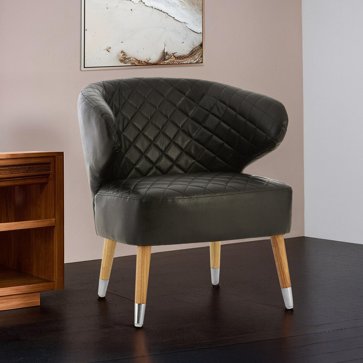 Orsina Richy Black Leather Effect Wingback Accent Chair with Birch Legs
