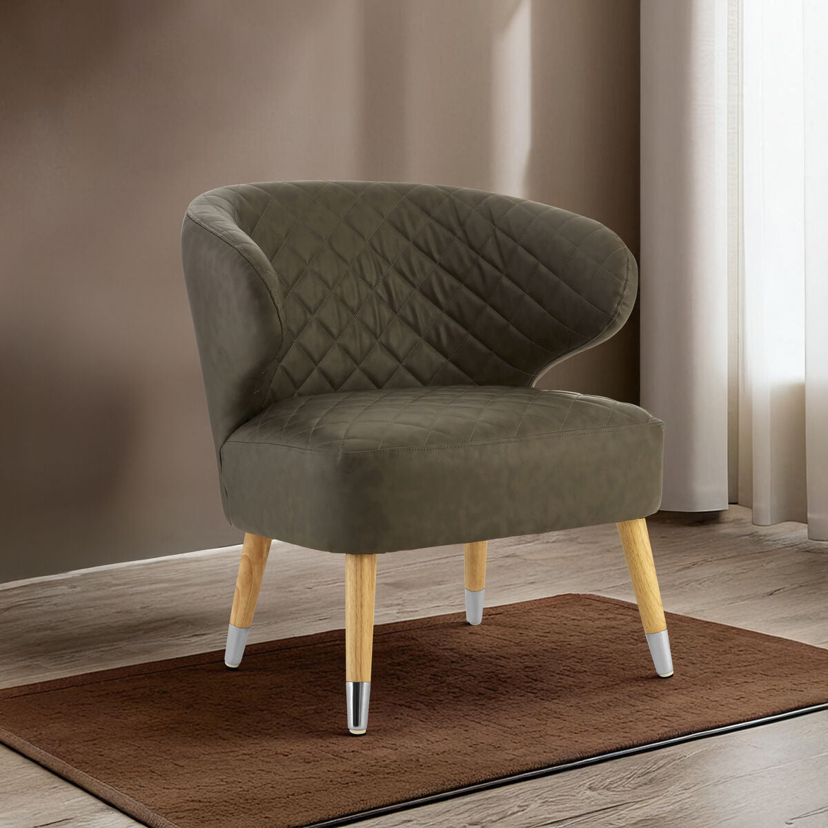Orsina Richy Brown Faux Leather Wingback Accent Chair with Birchwood Legs