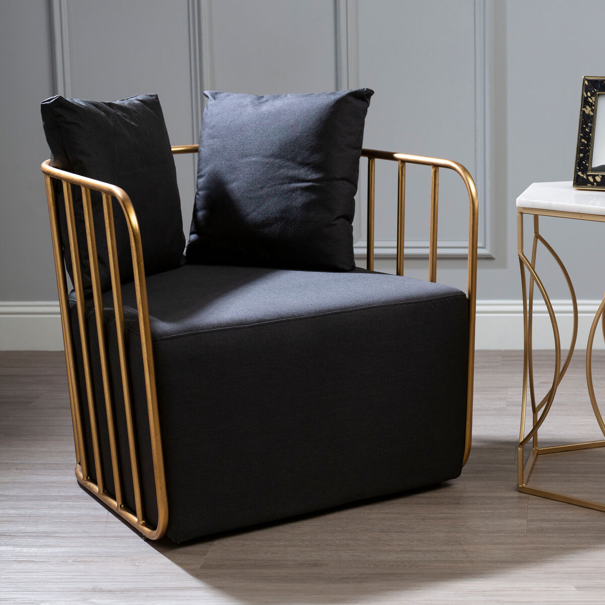 Orsina Rosina Black Linen Accent Chair – Modern Gold Frame Seating