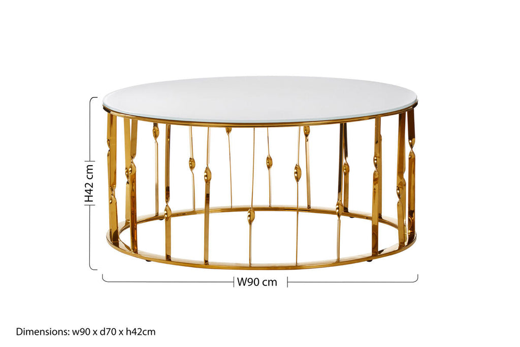 Orsina Arezzo Round Coffee Table – White Tempered Glass & Gold Frame