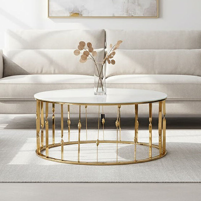 Orsina Arezzo Round Coffee Table – White Tempered Glass & Gold Frame