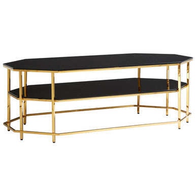 Orsina Arezzo Two-Tier Black Glass Coffee Table with Gold Hexagonal Frame