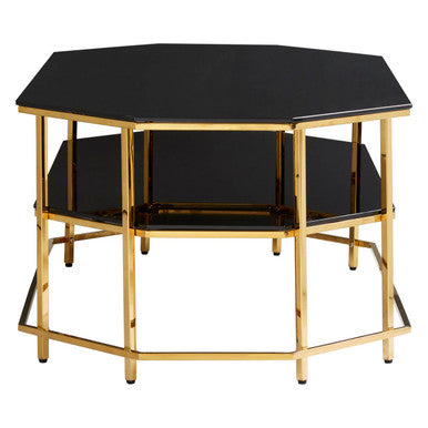 Orsina Arezzo Two-Tier Black Glass Coffee Table with Gold Hexagonal Frame