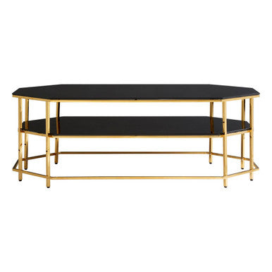 Orsina Arezzo Two-Tier Black Glass Coffee Table with Gold Hexagonal Frame