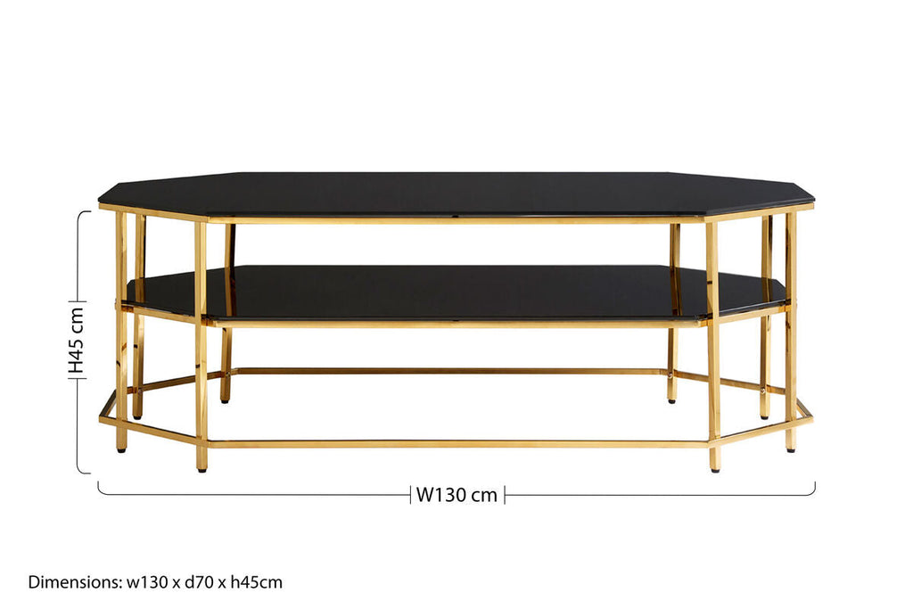 Orsina Arezzo Two-Tier Black Glass Coffee Table with Gold Hexagonal Frame
