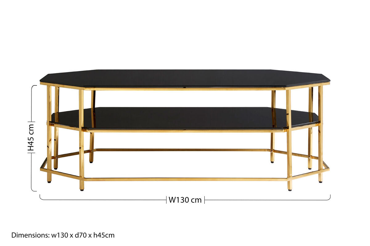 Orsina Arezzo Two-Tier Black Glass Coffee Table with Gold Hexagonal Frame