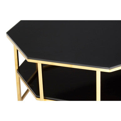 Orsina Arezzo Two-Tier Black Glass Coffee Table with Gold Hexagonal Frame
