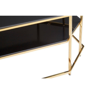 Orsina Arezzo Two-Tier Black Glass Coffee Table with Gold Hexagonal Frame