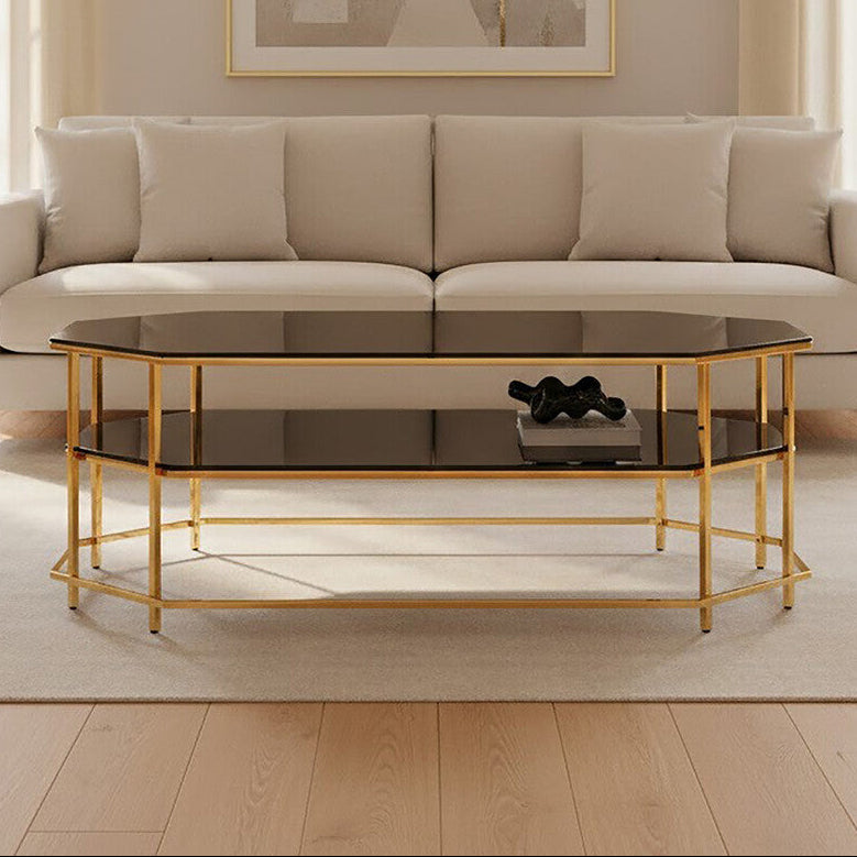 Orsina Arezzo Two-Tier Black Glass Coffee Table with Gold Hexagonal Frame