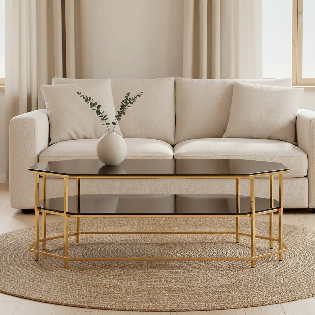 Orsina Arezzo Two-Tier Black Glass Coffee Table with Gold Hexagonal Frame