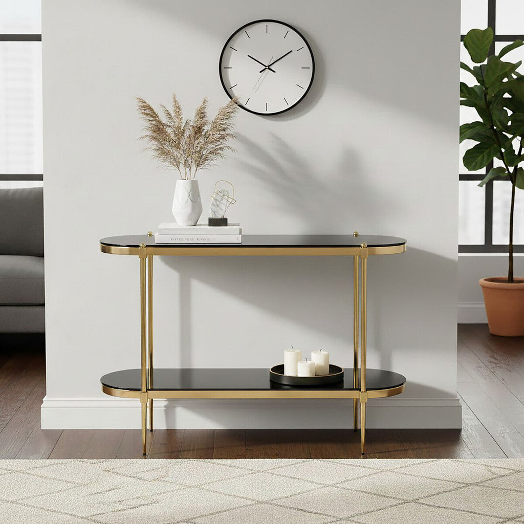 Orsina Arezzo 2-Tier Console Table | Gold & Black Tempered Glass