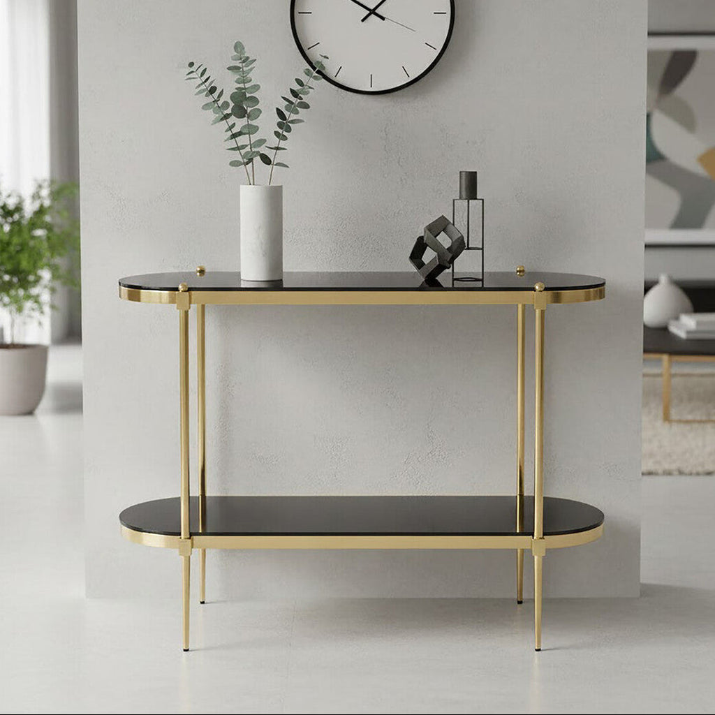 Orsina Arezzo 2-Tier Console Table | Gold & Black Tempered Glass
