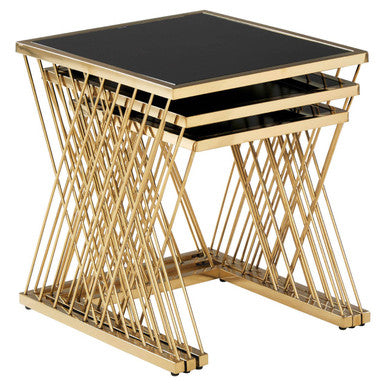 Orsina Arezzo Nesting Tables – Set of 3 Gold & Black Glass Side Tables