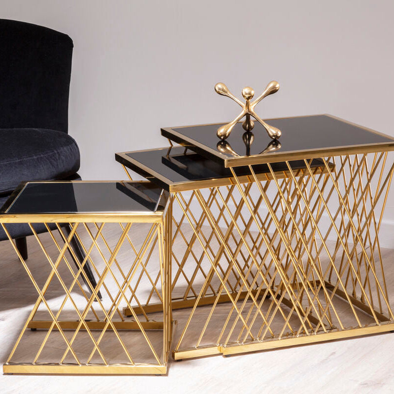 Orsina Arezzo Nesting Tables – Set of 3 Gold & Black Glass Side Tables