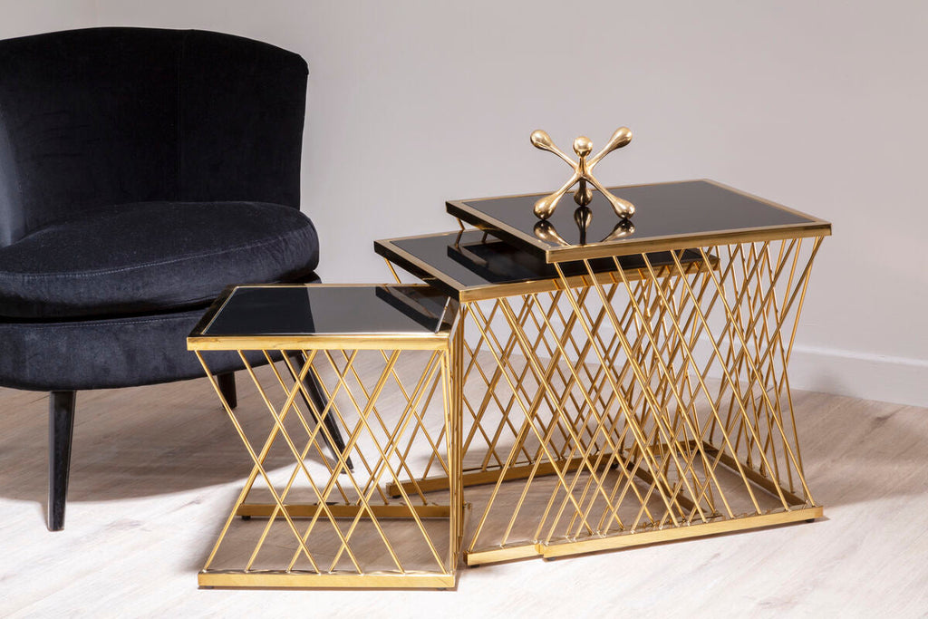 Orsina Arezzo Nesting Tables – Set of 3 Gold & Black Glass Side Tables
