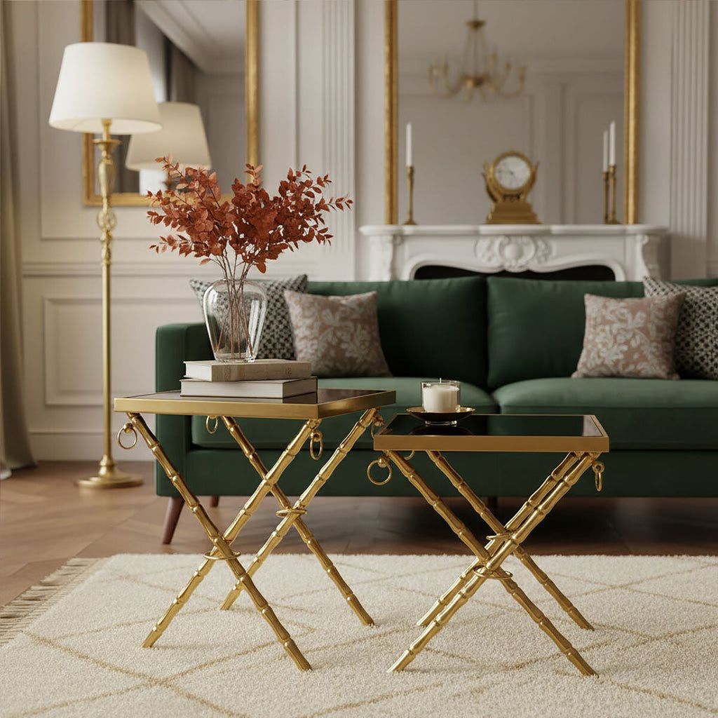 Orsina Arezzo Nesting Tables - Set of 2 Gold & Black Glass Side Tables