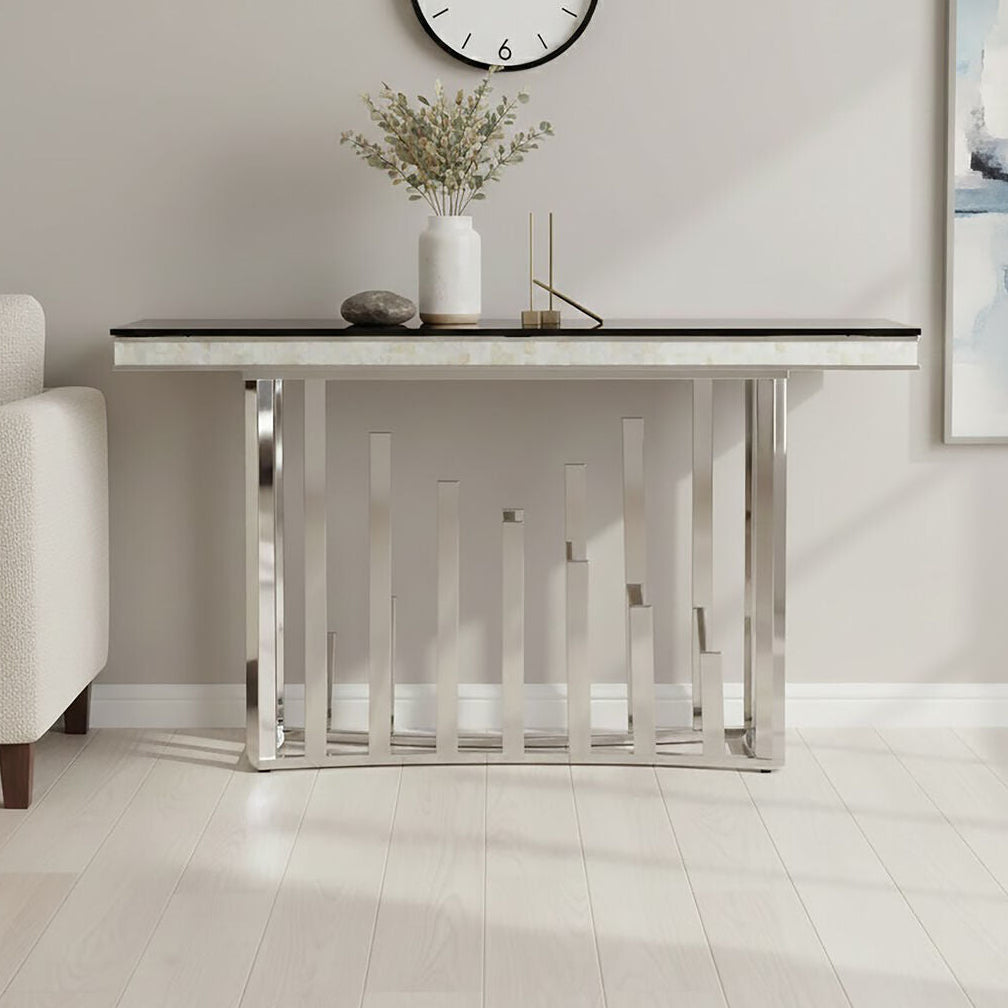 Orsina Eliza Black Glass Console Table – Silver Steel Frame