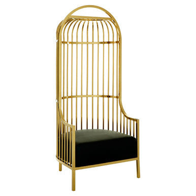 Orsina Eliza Gold Finish Dome Cage Chair | Black Faux Leather Seat