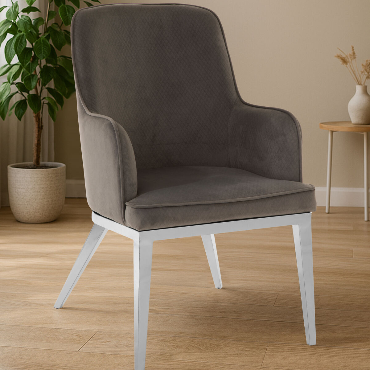 Orsina Eliza Grey Velvet Dining Chair | Modern Silver Finish Legs