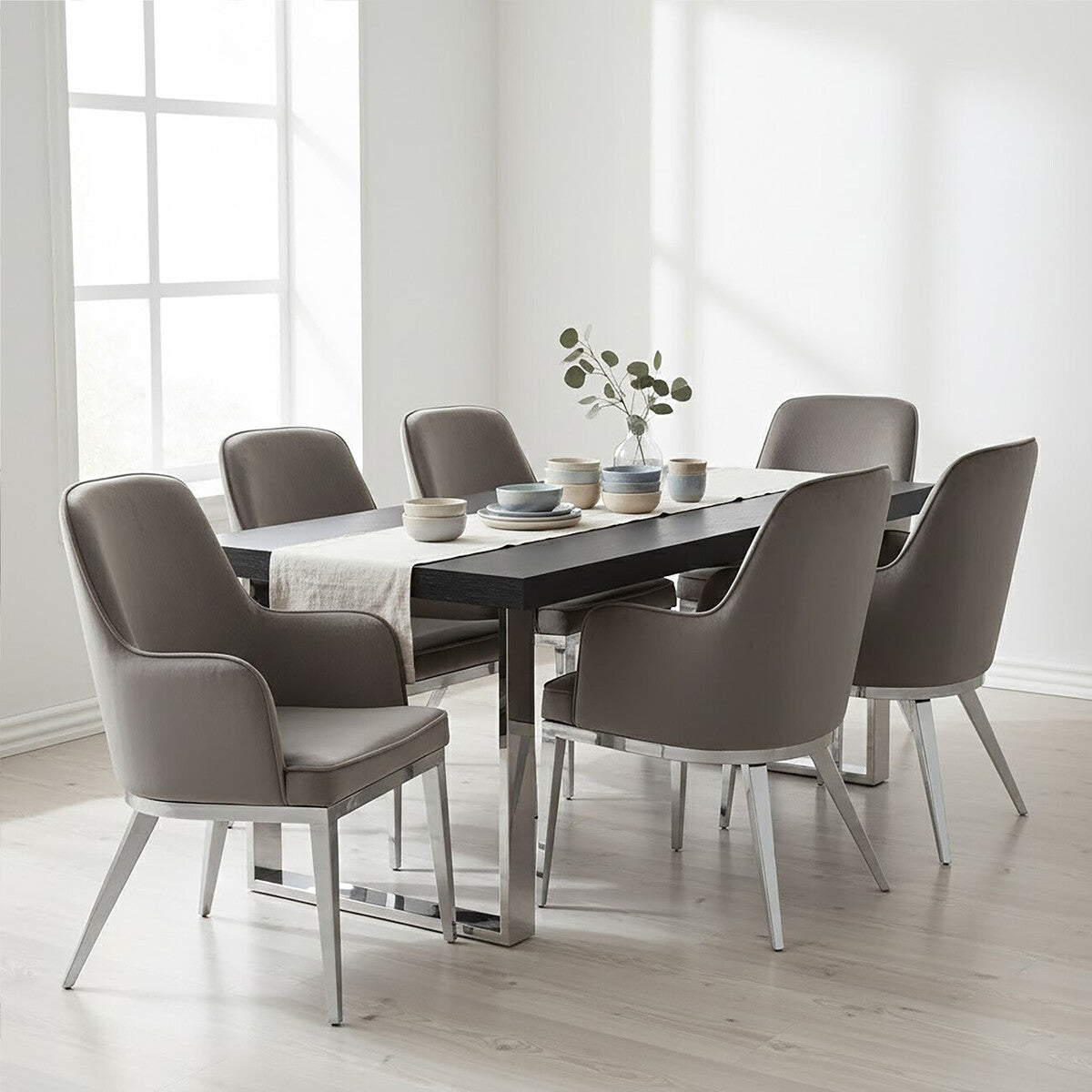 Orsina Eliza Grey Velvet Dining Chair | Modern Silver Finish Legs