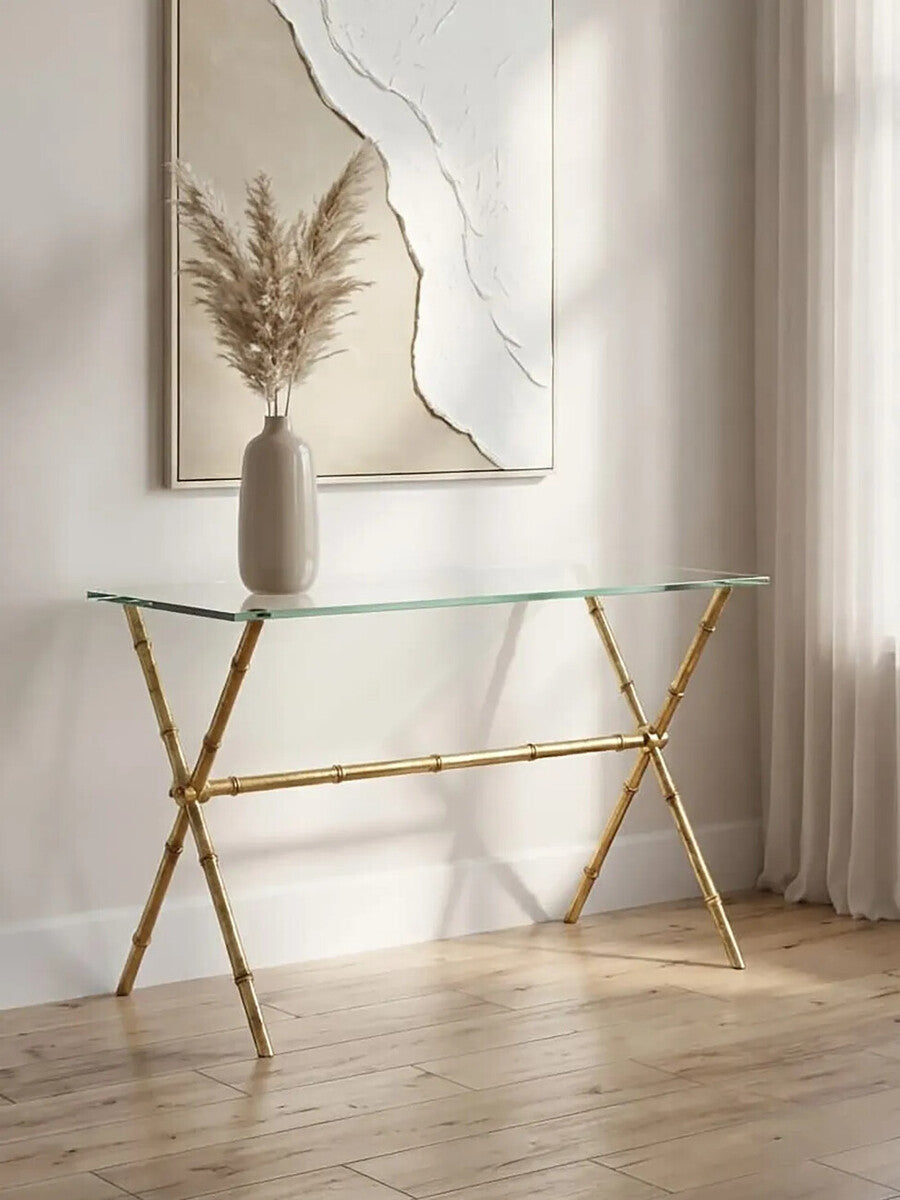 Orsina Monroe Gold Bamboo Console Table with Tempered Glass Top