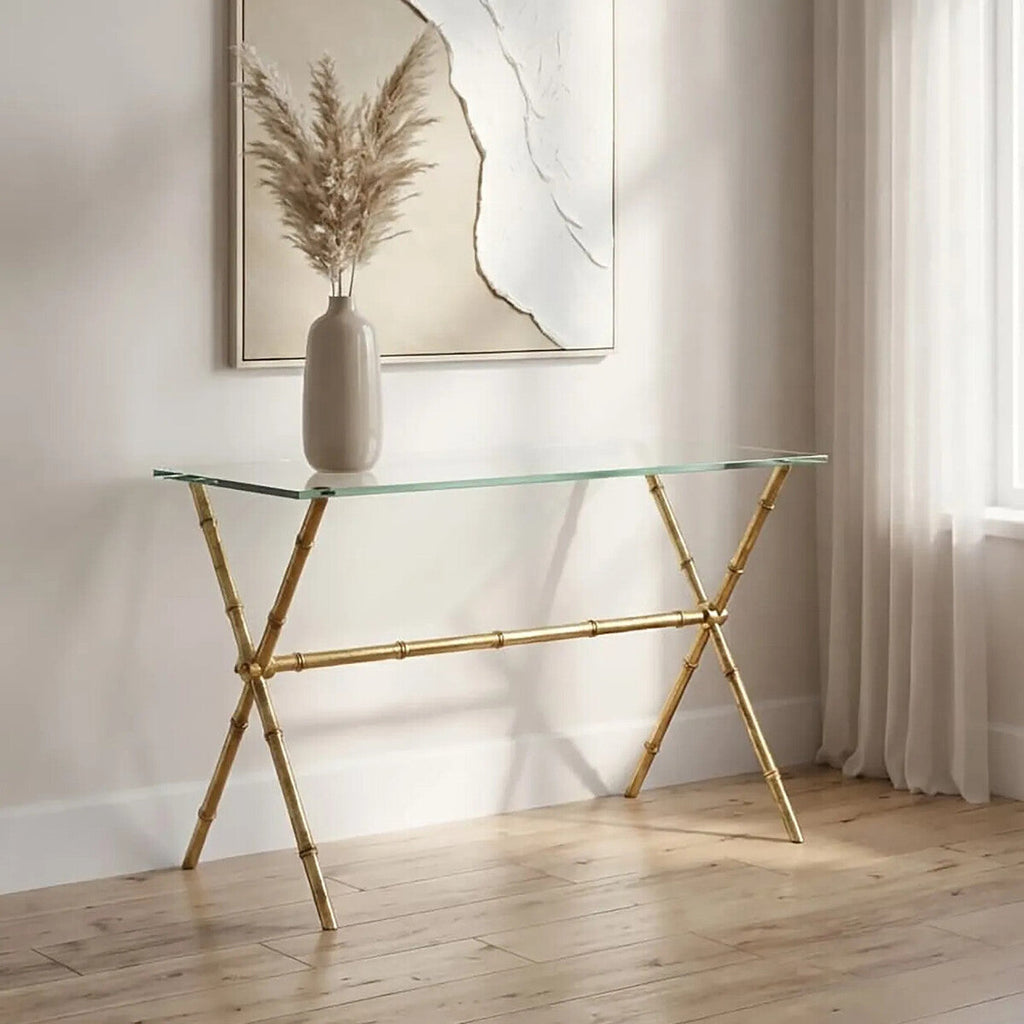 Orsina Monroe Gold Bamboo Console Table with Tempered Glass Top