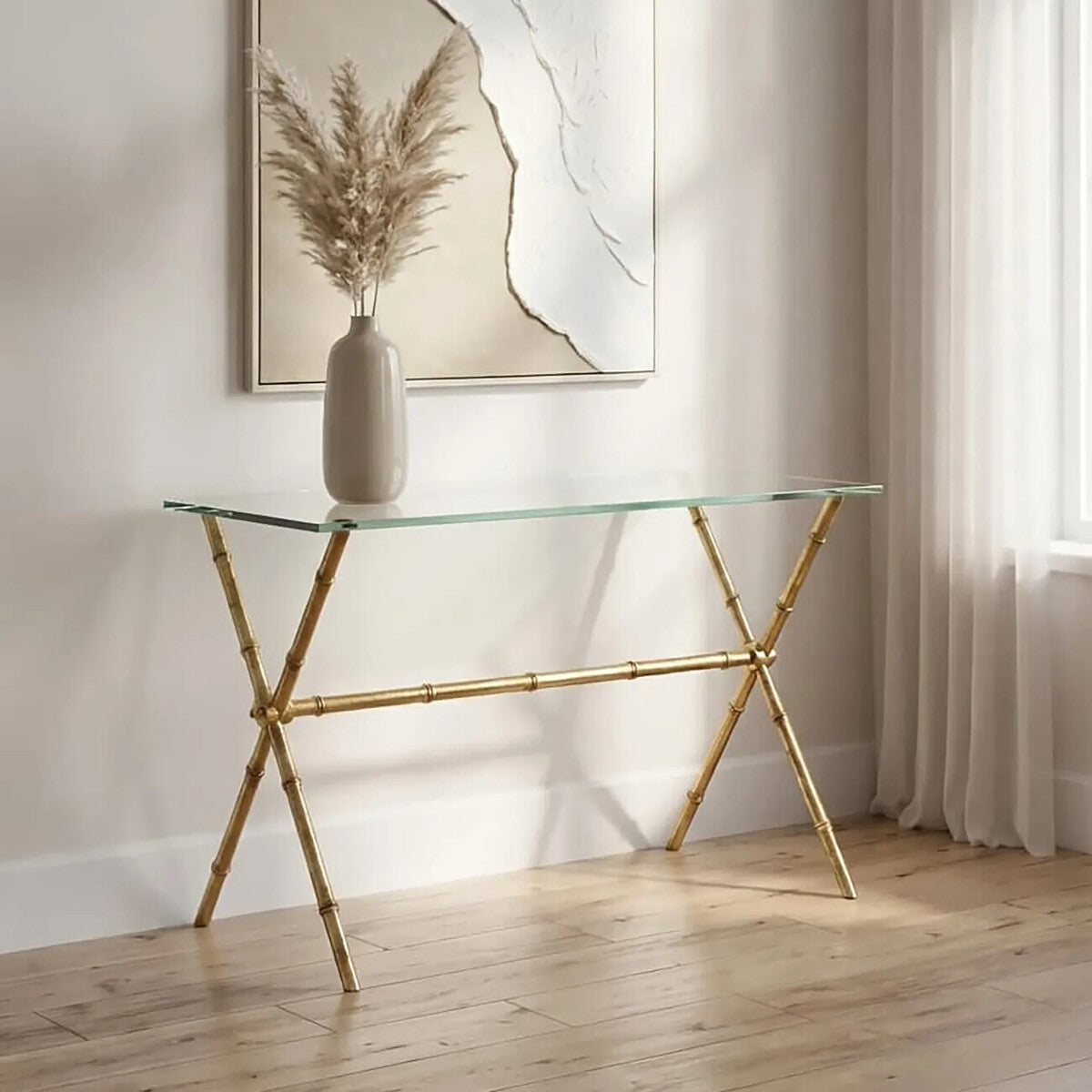 Orsina Monroe Gold Bamboo Console Table with Tempered Glass Top